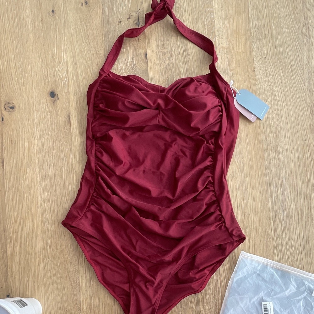 Smismivo Wine Red Ruched Halter One-Piece Swimsuit Tummy Control XXXL